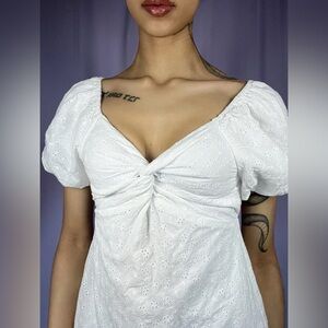 Rare Editions White Eyelet Babydoll Short Puff Sleeve Mini Dress Size XS Fairy